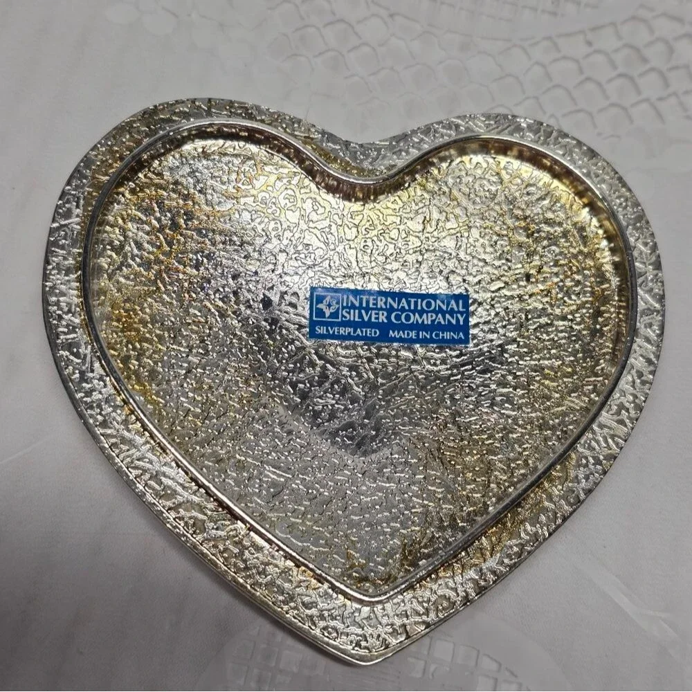 Vintage Silver Plated Butterfly Floral Lid Heart Shaped Glass Trinket Box